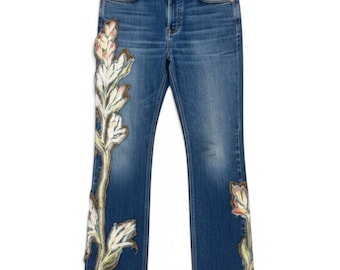 Vintage Levi's Custom Botanical Appliqué Straight Leg Jeans 32x32 Wearable Art