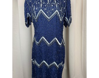 Vintage 80s Laurence Kazar New York Silk Beaded Dress Blue Art Deco Midi PL