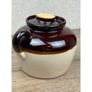 Vintage Midcentury USA Stoneware Bean Pot w Lid Brown Cream TwoTone Crock Handle