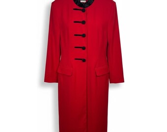 Vintage 1990s Champagne Italy Red Beaded Collar Long Dress Coat – Size 12
