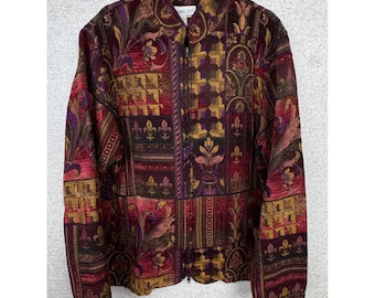 Coldwater Creek Tapestry Chenille Jacket L Burgundy Gold Fleur-de-Lis 2-Way Zip