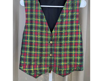 Vintage Plaid Button Front Vest Back Tie Gold Metallic Thread (Size M Estimate)