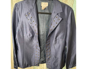 Y2K Adrianna Papell Petites 14P Navy 100% Silk Blazer Jacket NWT