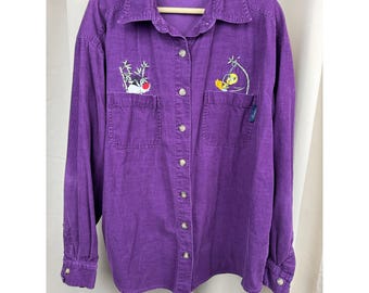 Vintage '00 Looney Tunes Purple Corduroy Shirt Tweety Sylvester Embroidered M
