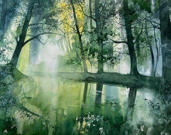 絵画、オリジナルの水彩風景画、オリジナルの絵画、半抽象的かつミニマ