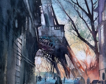 Luz de la mañana en París, pintura original de acuarela de paisaje urbano