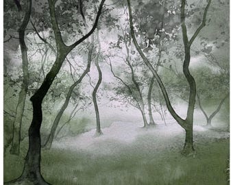 Forest Landscape Watercolor Original, Misty Woodland Scene, Nature Inspired Decor, handmade
