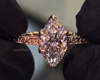 2.00 Marquise Lab Grown Diamond Ring, Filigree Diamond Engagement Ring, Vintage Style Ring, 14k Gold Intricate Ring, Gift for Her