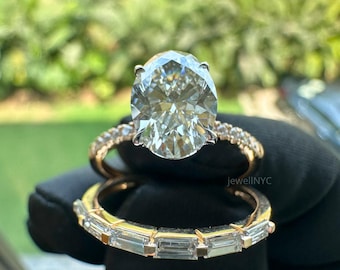 3.00ct Oval Lab Grown Diamond Bridal Set | Pave Shank | Baguette Stacking Band | 14K Yellow Gold Wedding Ring Set