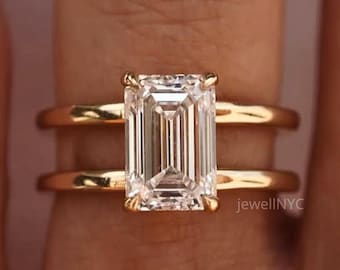 Anello di fidanzamento con smeraldo taglio smeraldo da 3 carati, anello in oro a doppia fascia, anello solitario con smeraldo, anello moderno minimalista con diamanti