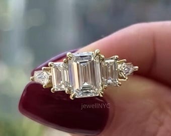 Emerald Cut CVD Diamond Five Stone Ring, EF-VVS Clarity Lab Diamond Ring, 14K Yellow Gold Engraved Band Engagement Ring, Prong Set Ring