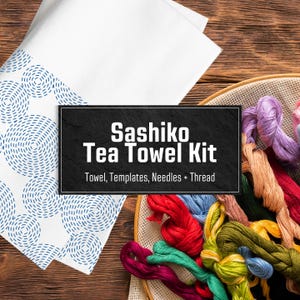 Sashiko Tea Towel Embroidery Kit | Japanese Stitching Design | Beginner Hand Sewing Craft Kit