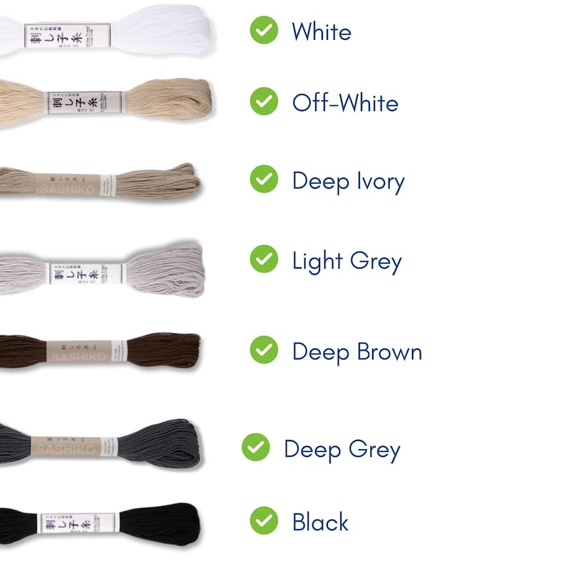 May include: A selection of embroidery thread in various colors, including white, off-white, deep ivory, light grey, deep brown, deep grey, and black. Each spool is labeled with Japanese text and color names.