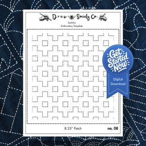Puede incluir: Una plantilla de bordado Sashiko blanca con un patrón de cruces punteadas. La plantilla incluye el texto "Draw Society Co." y "Get Started Now." El parche mide 21 cm.