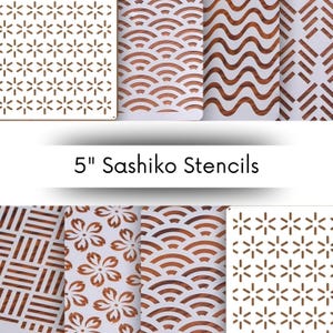 May include: A collection of 5-inch Sashiko stencils with various patterns. The stencils feature designs such as floral, geometric, and wave patterns. The stencils are brown and white, and are ideal for fabric art and embroidery projects.