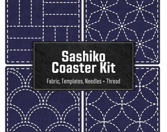Sashiko Coaster Kit | Japanese Embroidery Kit for Beginners | Modern Mending DIY Gift | Hand Stitch Craft Kit