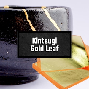 May include: A black ceramic bowl with gold leaf accents, showcasing the Japanese art of Kintsugi. The image includes a stack of gold leaf sheets on an orange backing, with the text "Kintsugi Gold Leaf".