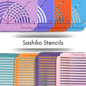 May include: A collection of colorful Sashiko stencils in shades of purple, blue, orange, and teal. Each stencil features a unique design with measurements in inches and the word "Society". The text "Sashiko Stencils" is displayed below.