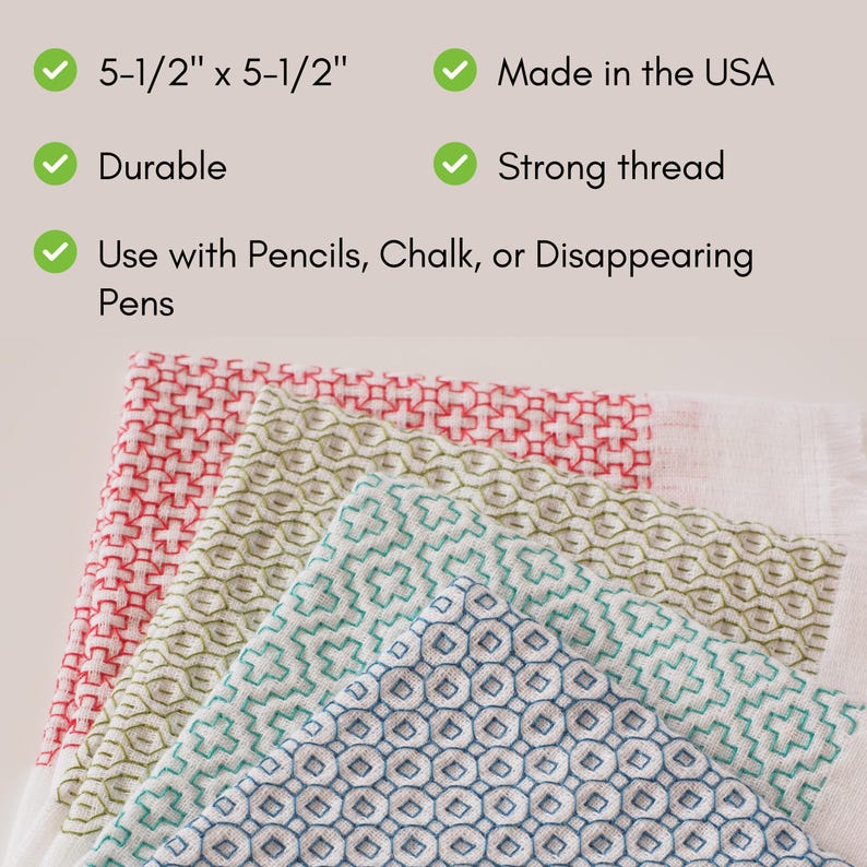 May include: A stack of four colorful, patterned fabric squares. Each square is approximately 5.5 inches by 5.5 inches and features a different color scheme: red, green, teal, and blue. The text on the image says "Made in the USA", "Durable", and "Strong thread".