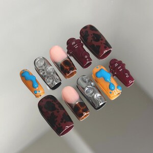 Hand-painted press on nails/ 3D design press ons/ fun and funky nails/ unique press ons/ chrome nails/ colorful fake nails
