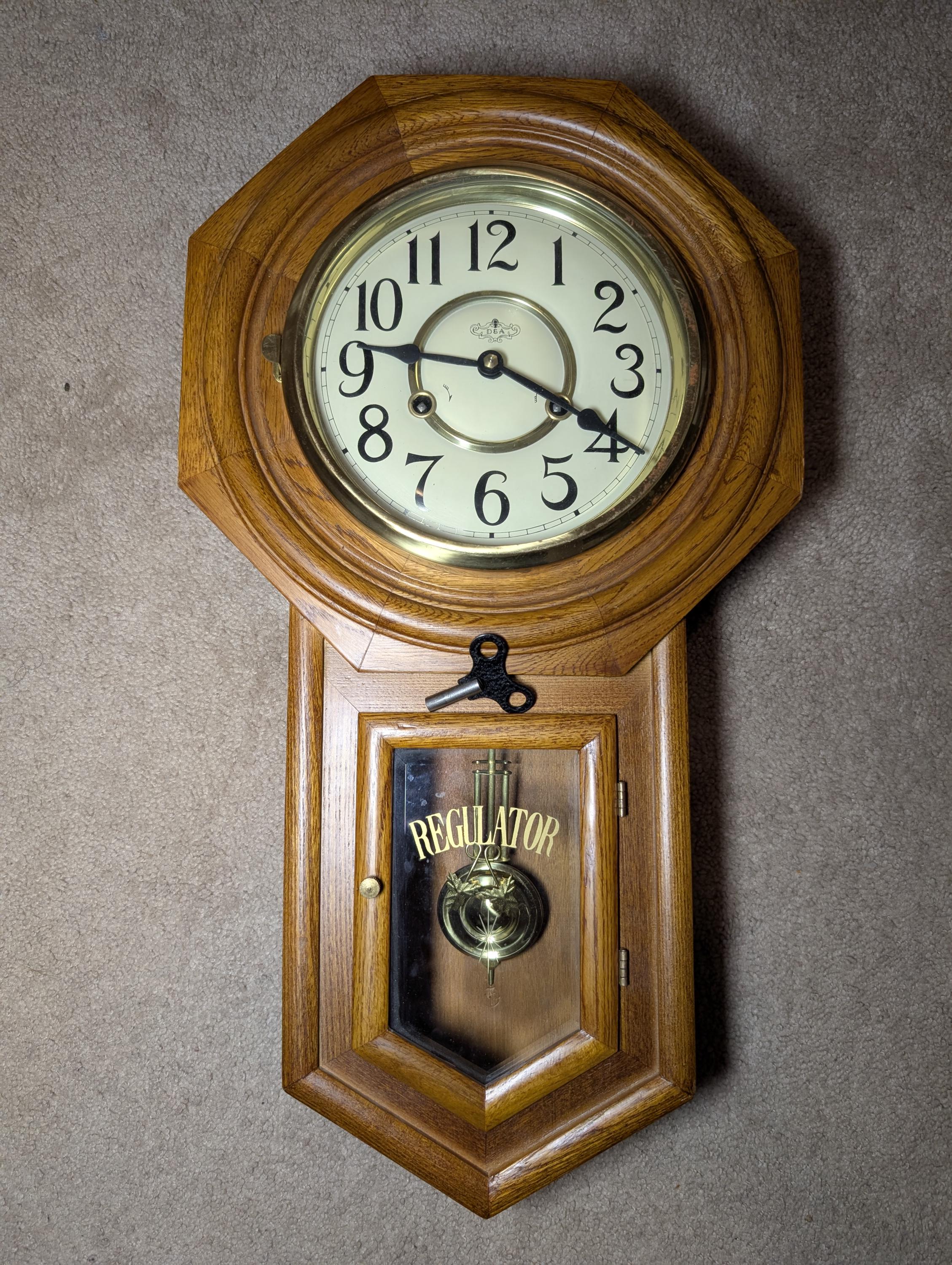 Working vintage D & A Regulator Wind-Up Pendulum Wall Clock oak and yellow gold
