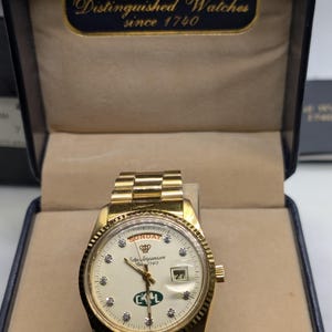 Jules Jürgensen Day-Date Watch w/ Authentic Diamond Hour Markers gold tone men&#39;s wrist watch new battery installed