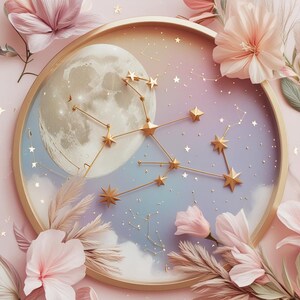 Set of 5 | Zodiac Constellation Art Prints | Minimalist Celestial Wall Decor | Boho Astrology Digital Download | Feminine Moon Star Poster