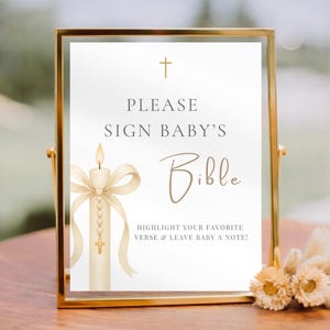 Beige Gold Baptism "Sign My Bible" Sign Template | Editable Christening Guestbook Sign with Cross & Candle | 5x7", 8x10", A4 and US Letter