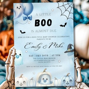 A Little Boo Is Almost Due Halloween Baby Shower Invitation, Cute Blue Ghost Template, Editable Evite and Printable Invite