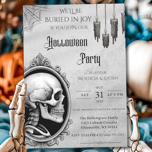 Halloween party invitation, gothic skull design, editable evite template, printable 5x7 invite