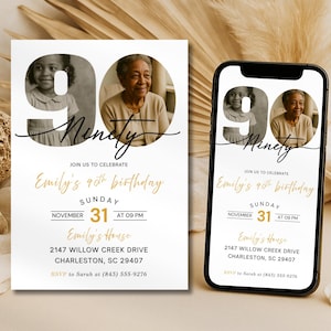 90th Birthday Invitation | Editable Photo Invite | Milestone Birthday Download | Printable and Phone Evite