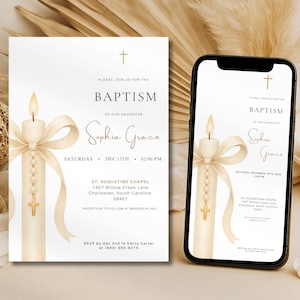 Baptism Invitation Template: Editable Canva Invite with Minimal Gold Beige Design, Digital Download in 5x7 and Phone Size