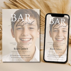 Editable Bar Mitzvah Invitation Template | Photo Invite for Boys | Minimalist Jewish Celebration | Printable 5x7 & Phone Size