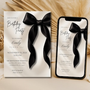 Black Bow Birthday Invitation Template: Elegant Editable Party Invite, Digital Download for Printable and Phone Format B1