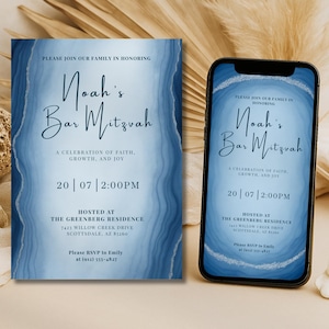 Editable Bar Mitzvah Invitation Template | Elegant Blue Marble | Jewish Celebration Invite | Digital Download 5x7 & Phone Size