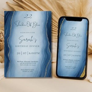 Birthday Dinner Invitation | Editable Shades of Blue Invite | Printable 5x7 & Phone Evite | Digital Download