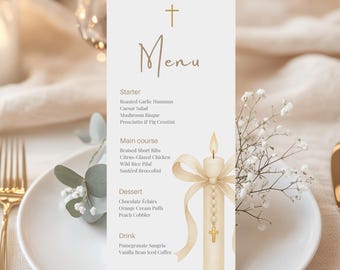 Baptism Menu Card Template | Elegant Beige Gold Menu Card | Editable Christening 9x4 Menu | Printable Religious Dinner Menu