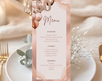 Menù per il 50° compleanno color oro rosa | Modello di menù per la cena modificabile | Cartello menù stampabile 4x9 | Elegante decorazione per il compleanno