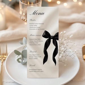 Editable Dinner Menu Card Template | Black Bow Design | Elegant 4x9 Printable Menu | Digital Download