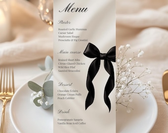 Editable Dinner Menu Card Template | Black Bow Design | Elegant 4x9 Printable Menu | Digital Download
