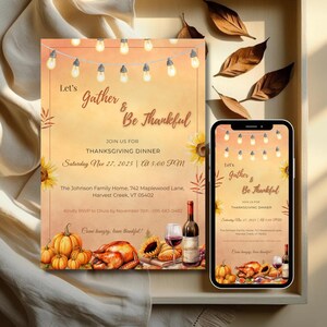 Thanksgiving Invitation Template with Pumpkins and String Lights, Editable Fall Dinner and Friendsgiving Party Invite