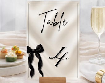 Black Bow Table Numbers Template | Elegant Minimalist Table Number Sign | Editable Canva Template | 5x7 & 4x6