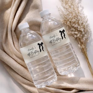 Editable Water Bottle Labels | Black Bow Design | Elegant 8x2 Printable Bottle Wrappers | Birthday Party Favor