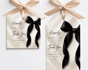 Editable Favor Tag Template | Black Bow Thank You Tag | Elegant Birthday or Party Gift Tag | 2x2 & 2x3.5 Inch B1