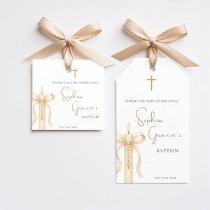 Baptism Favor Tags Template | Beige Gold Gift Tags | Editable Christening Thank You Tag | 2x2" & 2x3.5" (Round, Vertical, Cropped, Square)