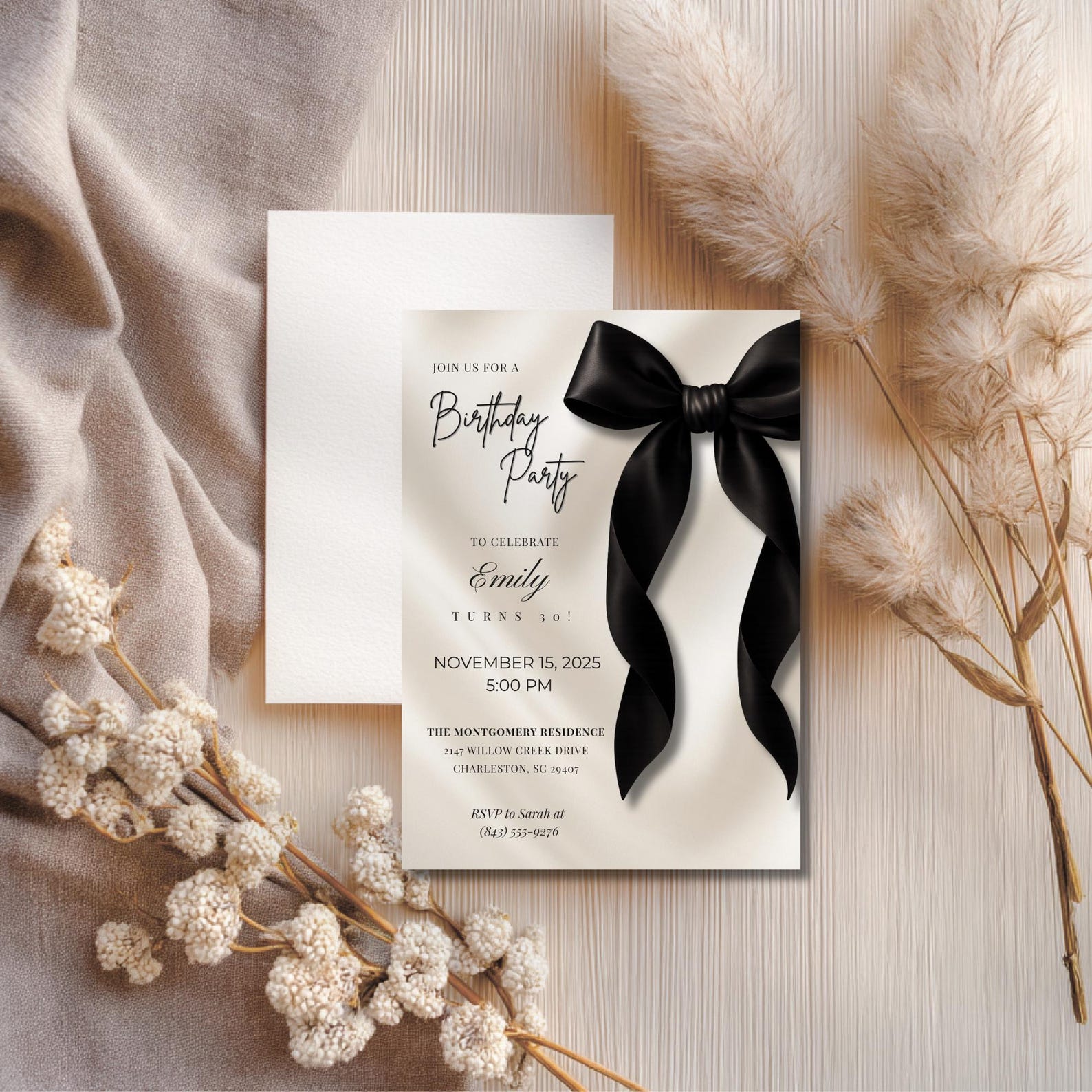 Black Bow Birthday Invitation Template Elegant Editable Party Invite