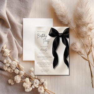 Black Bow Birthday Invitation Template: Elegant Editable Party Invite, Digital Download for Printable and Phone Format