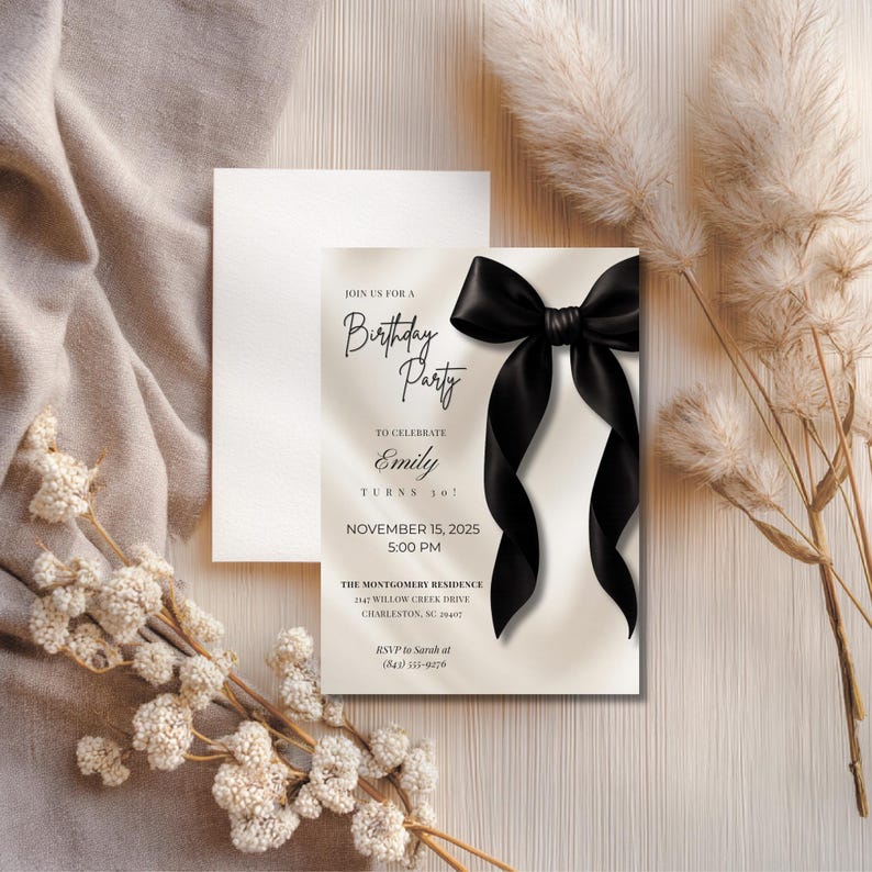Black Bow Birthday Invitation Template: Elegant Editable Party Invite, Digital Download for Printable and Phone Format