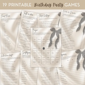 Op de afbeelding: Een verzameling van 19 afdrukbare verjaardagsfeestspellen op wit papier. Spellen zijn onder meer "Point Race", "Truth or Dare", "Photo Challenge", "Ever or Never", "Who Know Best?", "Scattergories" en "Bingo". Elke pagina heeft een grijs lint.