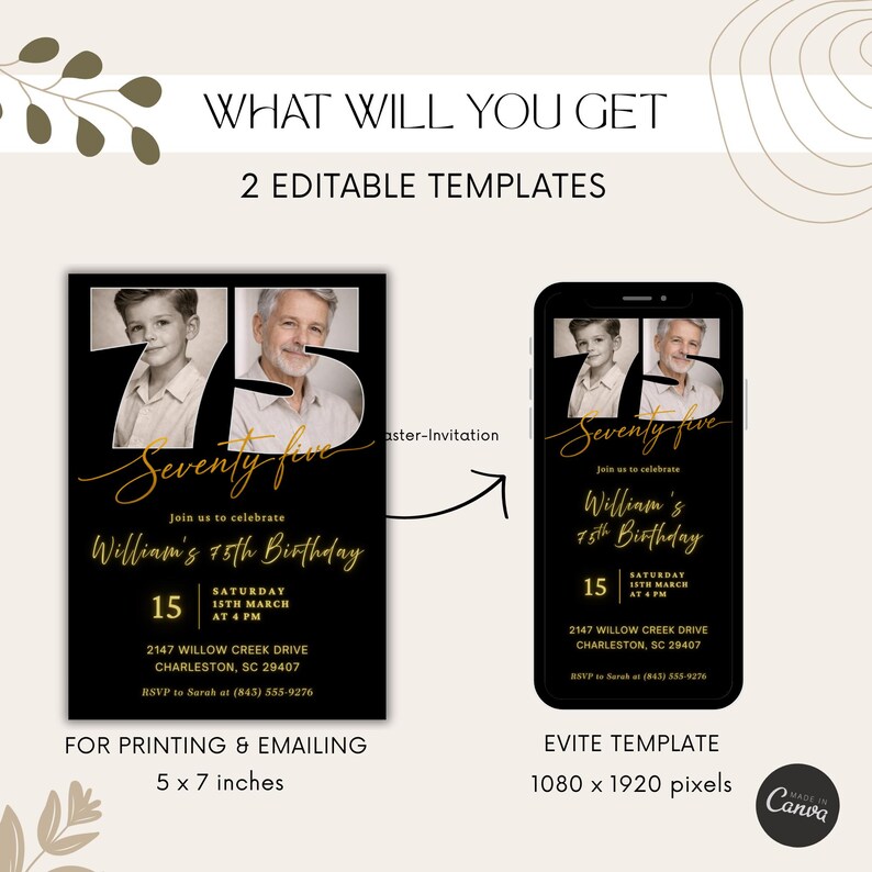 Editable 75th Birthday Invitation Template | Black and Gold Photo ...